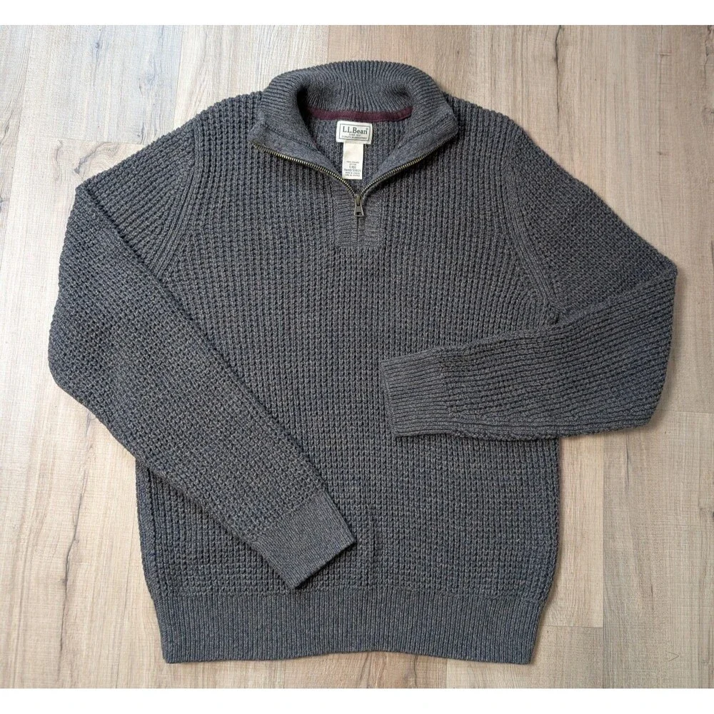 NWOT LL Bean Size S Organic Cotton Waffle Sweater Quarter Zip Gray Marl Gorpcore